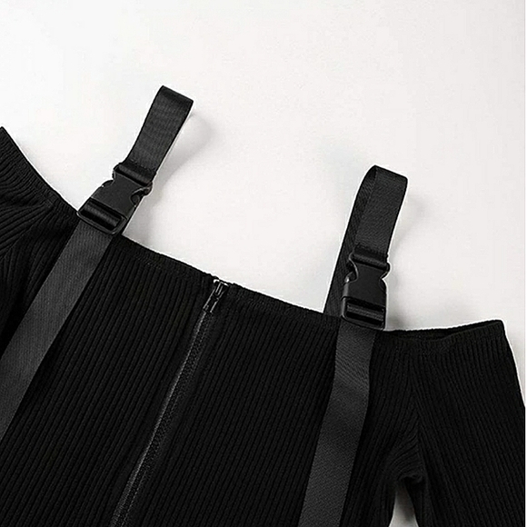 Black Cold Shoulder Ribbed Knitted Crop Top Long Sleeve Streetwear - Picture 13 of 15